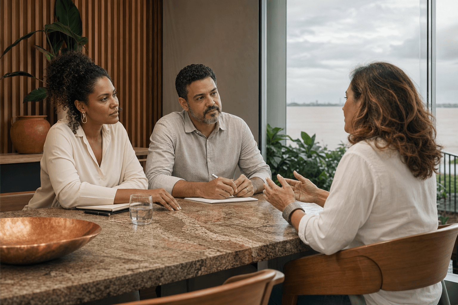 Reunião de atendimento em ambiente contemporâneo